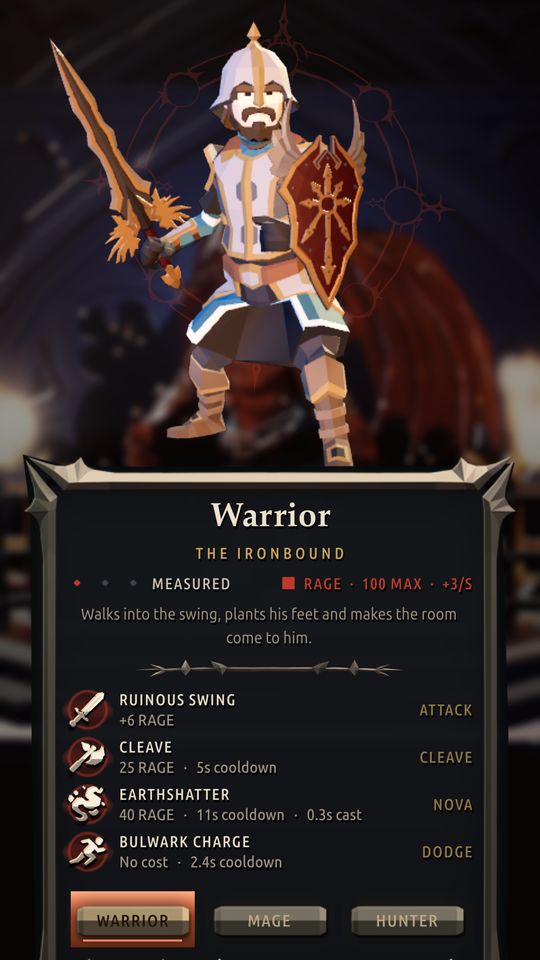 Class select showing the Warrior and his abilities