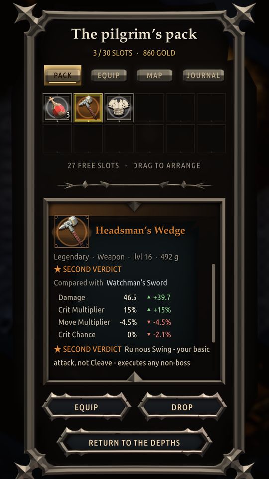 Inventory comparing a legendary weapon against the equipped sword